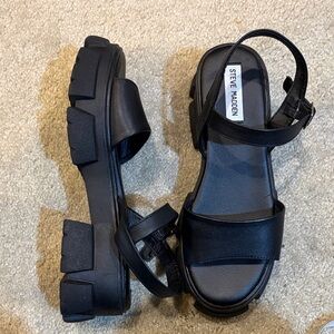 Steve Madden Leather Upper Chunky Black Platform Sandals-Size 8.5